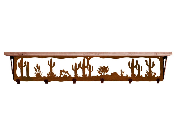 42" Desert Scene Metal Wall Shelf and Hooks with Alder Wood Top