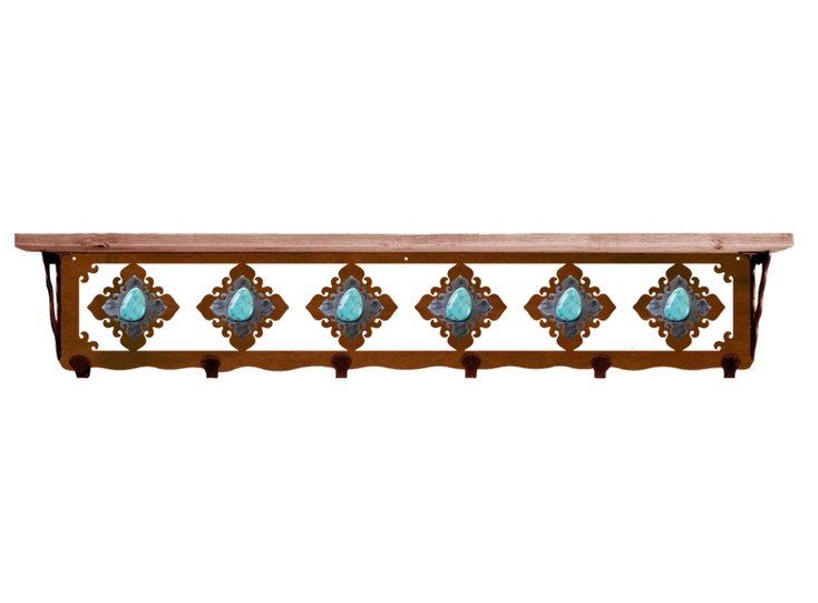 42" Turquoise Stone Metal Wall Shelf and Hooks with Pine Wood Top