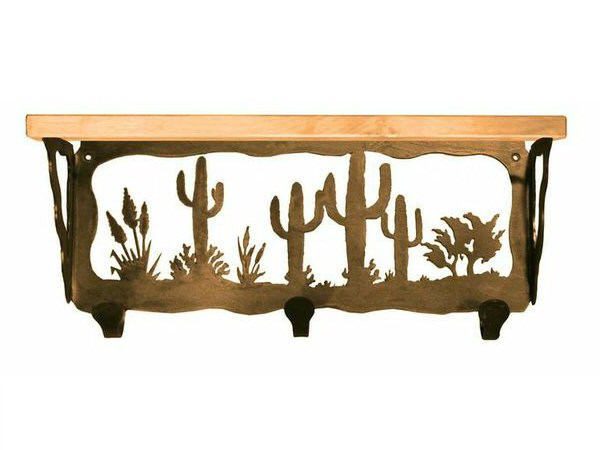 20" Desert Scene Metal Wall Shelf and Hooks with Alder Wood Top