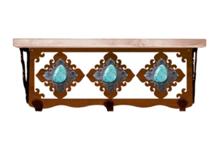 20" Turquoise Stone Metal Wall Shelf and Hooks with Alder Wood Top
