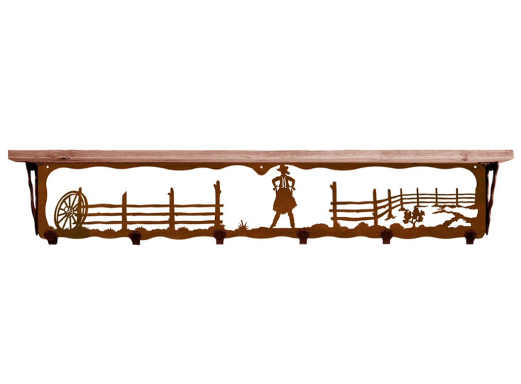 42" Cowgirl Scene Metal Wall Shelf and Hooks with Alder Wood Top