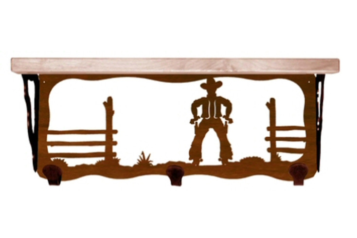 20" Cowboy Scene Metal Wall Shelf and Hooks with Alder Wood Top