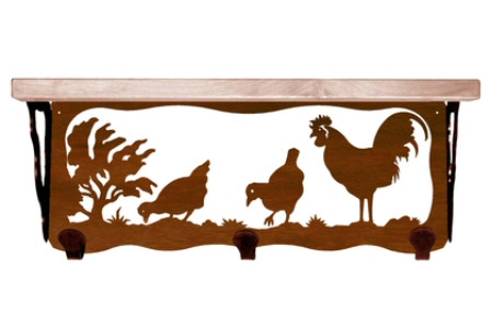 20" Rooster Bird Metal Wall Shelf and Hooks with Alder Wood Top