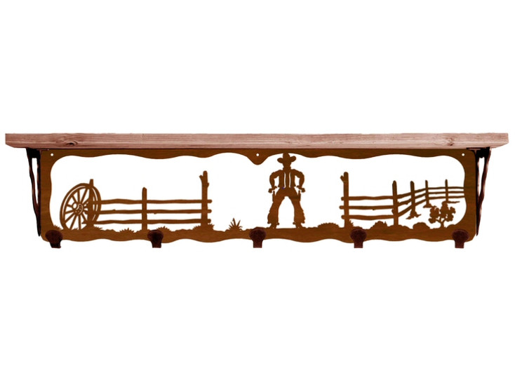 34" Cowboy Scene Metal Wall Shelf and Hooks with Alder Wood Top