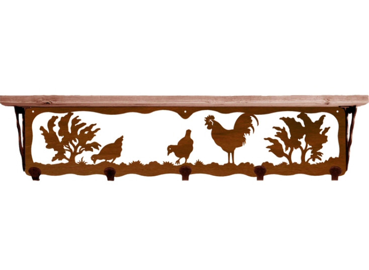 34" Rooster Bird Metal Wall Shelf and Hooks with Alder Wood Top