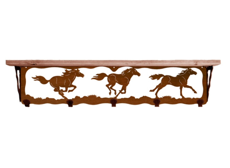 34" Wild Horses Metal Wall Shelf and Hooks with Pine Wood Top