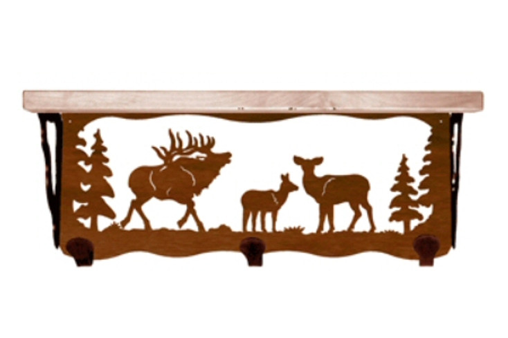 20" Elk Family Metal Wall Shelf and Hooks with Pine Wood Top