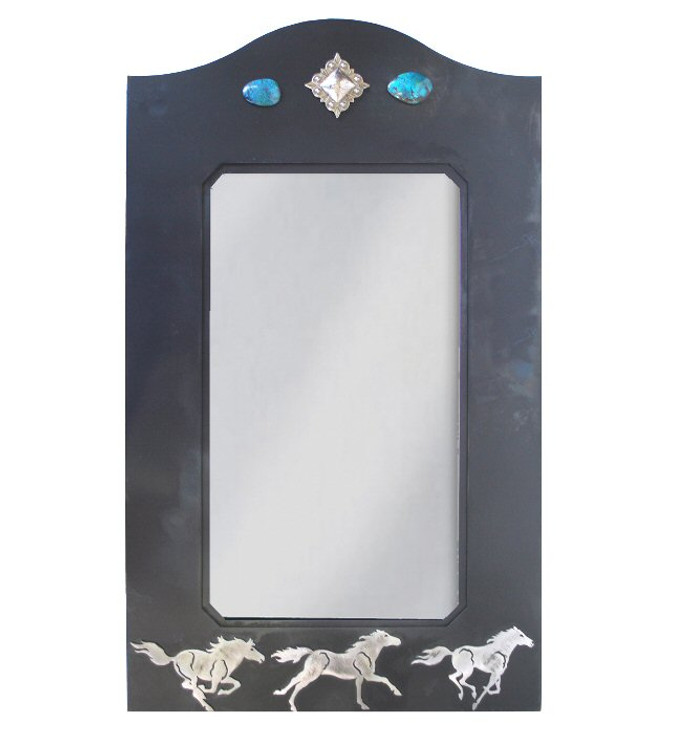 36" Running Wild Horses Metal Wall Mirror with Stones