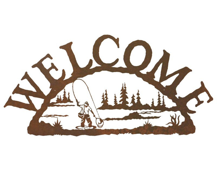 Man Fly Fishing Metal Welcome Sign