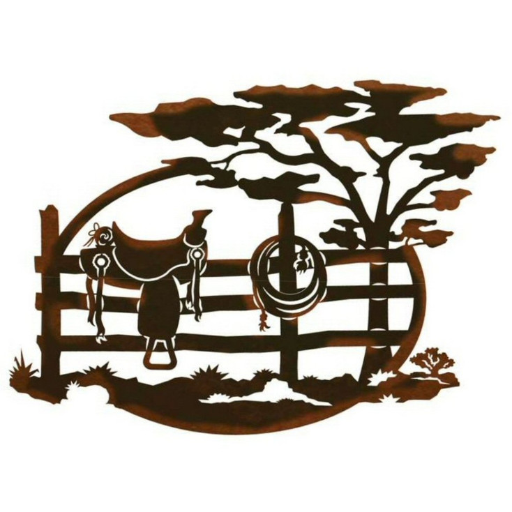 26" Saddle Sitting on a Fence Scenic Metal Wall Art