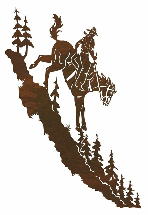 42" Cowboy Riding Horse Down a Mountain Metal Wall Art