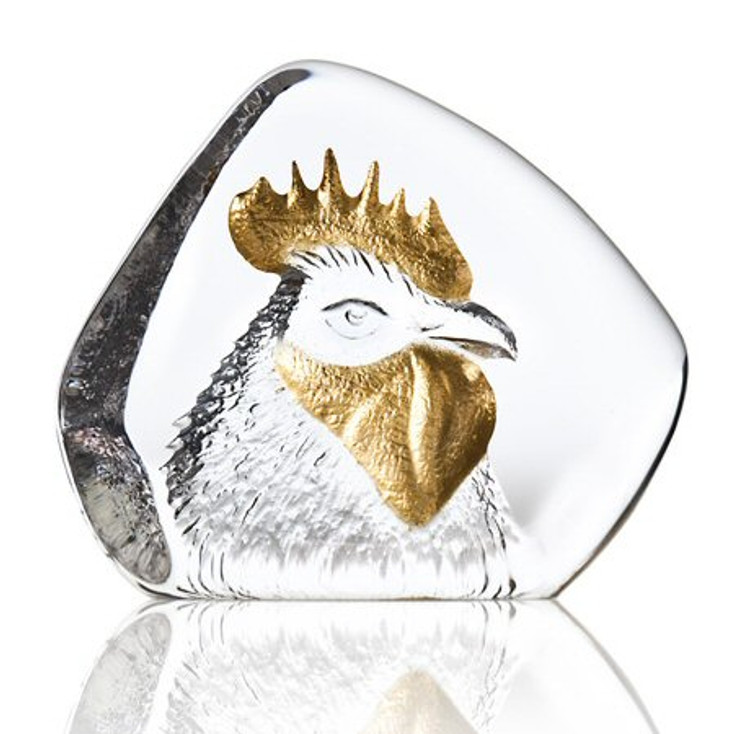 Clear and Gold Rooster Bird Painted Crystal Sculpture by Mats Jonasson