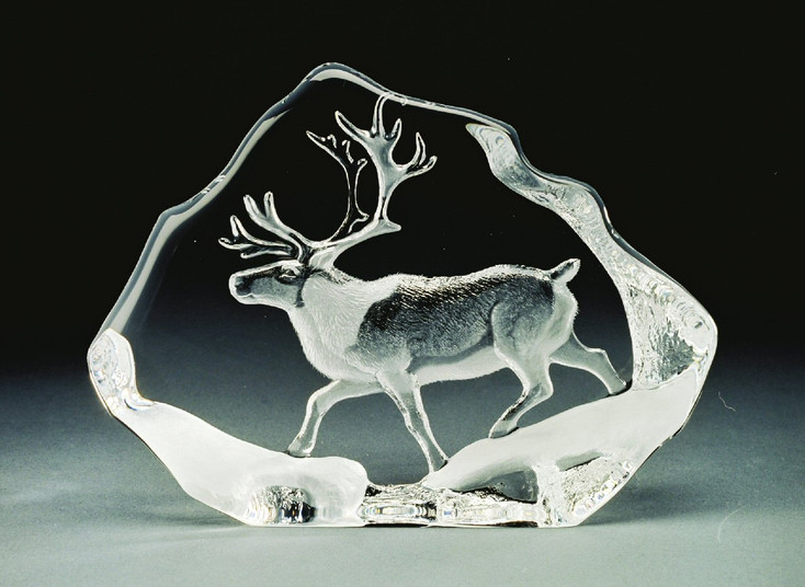 Walking Reindeer Etched Crystal Sculpture by Mats Jonasson