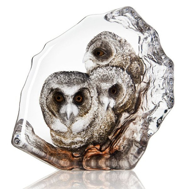 Barn Owlet Birds Etched Painted Crystal Sculpture by Mats Jonasson