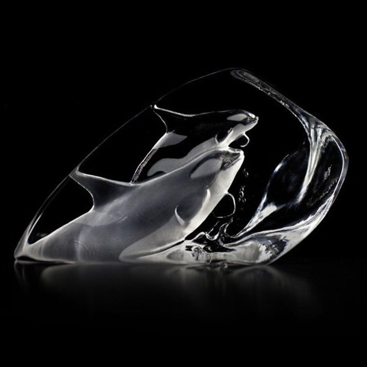 Orcas Whales Etched Crystal Sculpture by Mats Jonasson