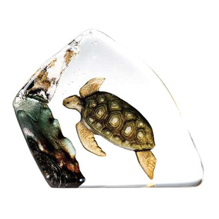 Colorful Sea Turtle Etched Crystal Sculpture by Mats Jonasson