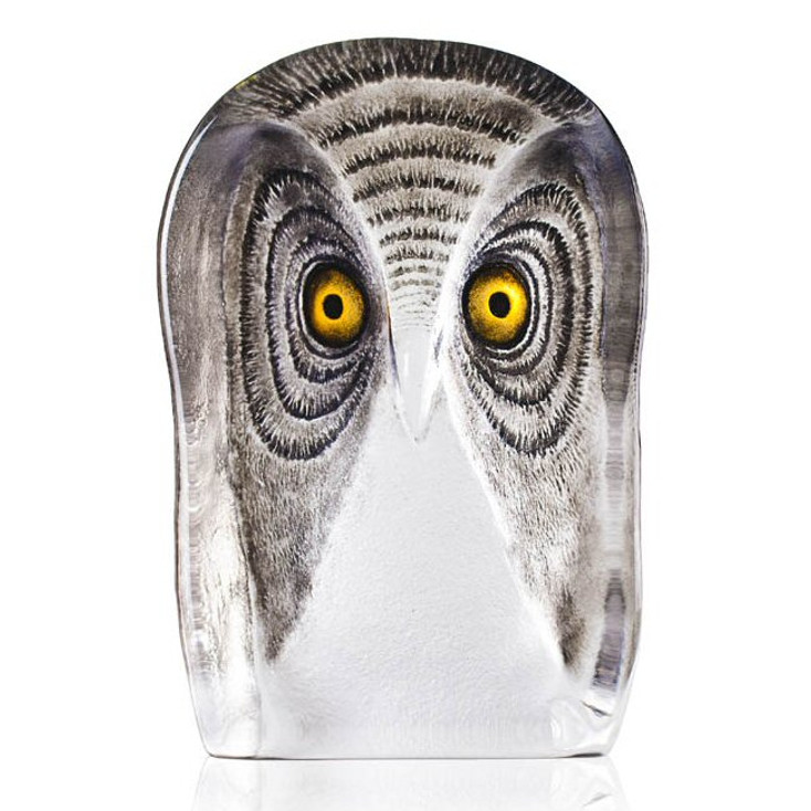 Large Owl Bird w/ Brown Color Etch Crystal Sculpture by Mats Jonasson