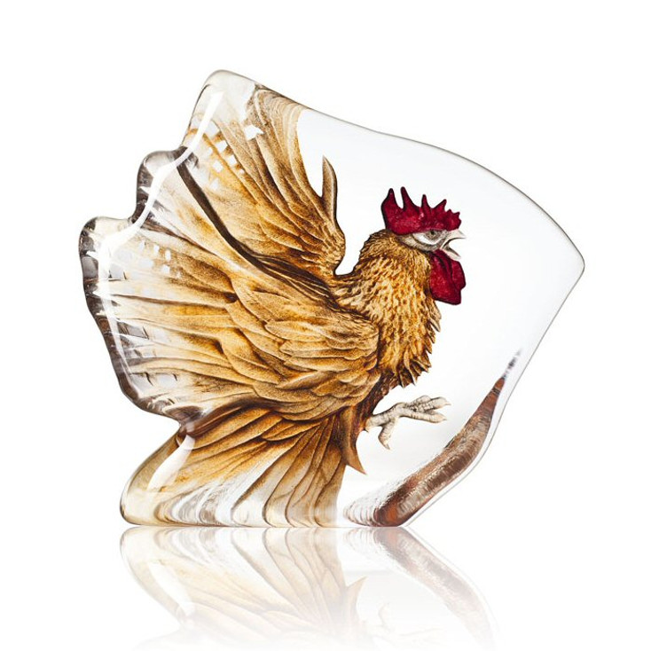 Rooster Bird Brown Color Etched Crystal Sculpture by Mats Jonasson