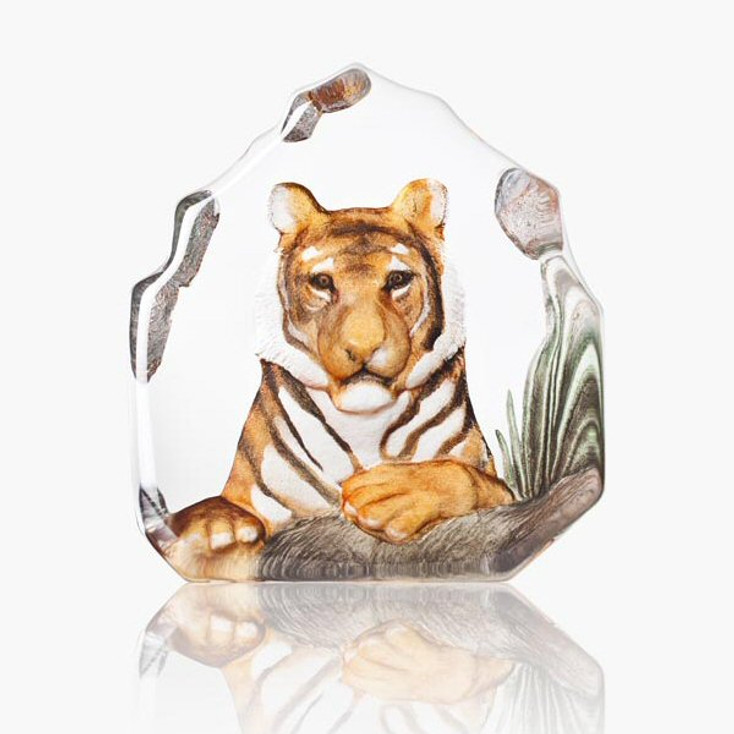 Relaxing Tiger Orange & Black Color Crystal Sculpture by Mats Jonasson