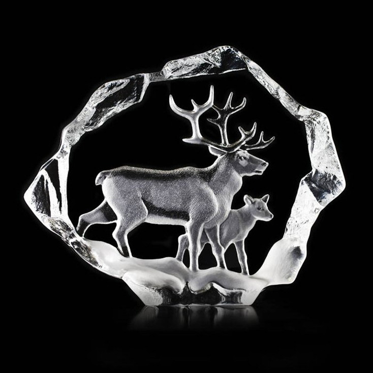 Ltd Ed. Reindeer and Calf Etched Crystal Sculpture by Mats Jonasson