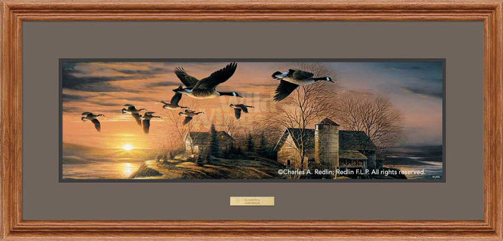 Sundown Canada Geese Oak Framed Horizon Art Print Wall Art