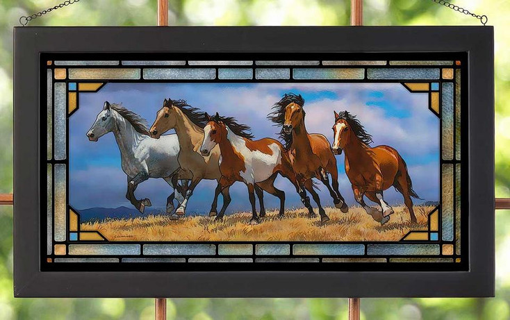 Over the Top Running Horses Stained Glass Wall Art