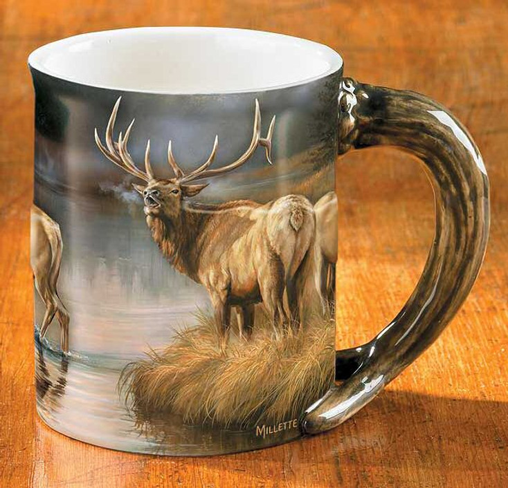 Autumn Mist Elk Sculpted Stoneware Coffee Mugs, Set of 6