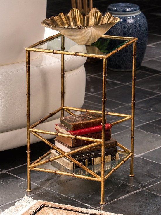 Antique Gold Bamboo Two Tier Iron Accent Table with Glass