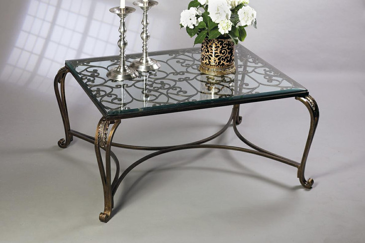 Bronze Iron Acanthus Leaf Coffee Table with Beveled Glass