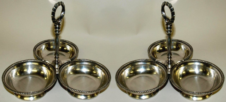 Antique Silver Three Dish Condiment Tray, Set of 2
