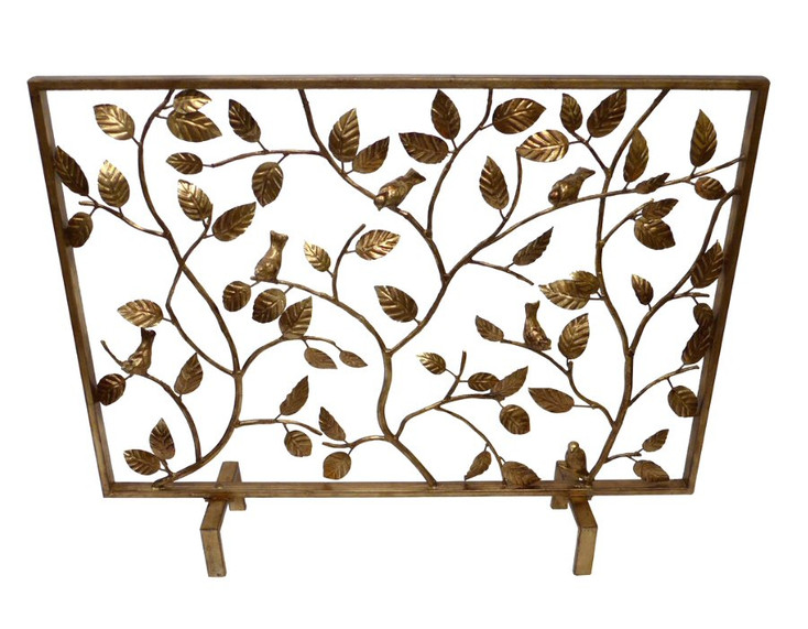 Antique Gold Bird Branch Iron Fireplace Screen