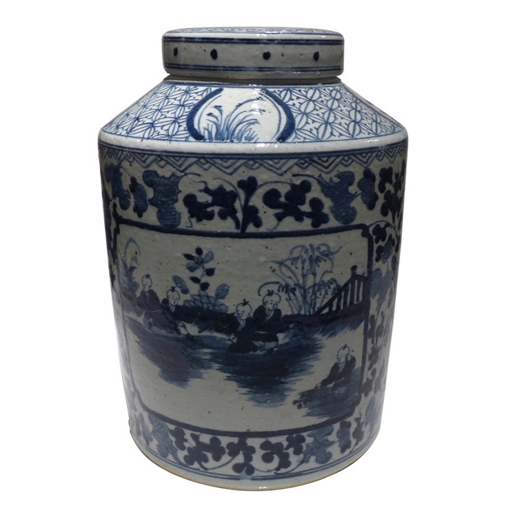 Blue and White Children Playing Decorative Porcelain Tea Jar