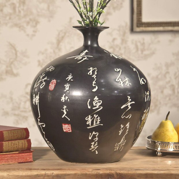 Black Chinese Calligraphy Porcelain Ball Vase