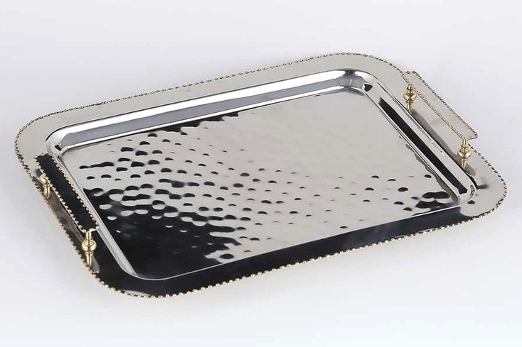 Nickel Gold Bead Steel and Brass Serving Tray with Rectangle Handles