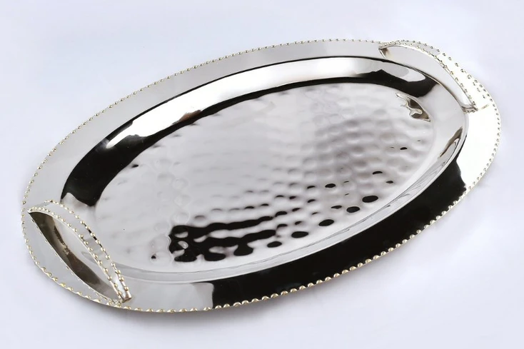 Nickel Gold Bead Steel and Brass Serving Trays with Handles, Set of 2