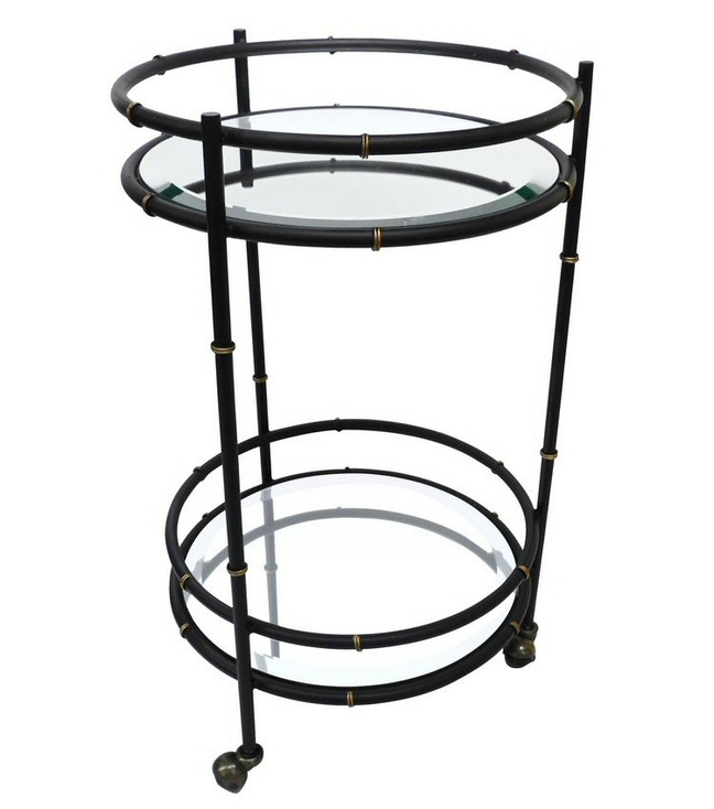 Black and Gold Round Bamboo Iron Beverage Tea Cart with Mirror Glass