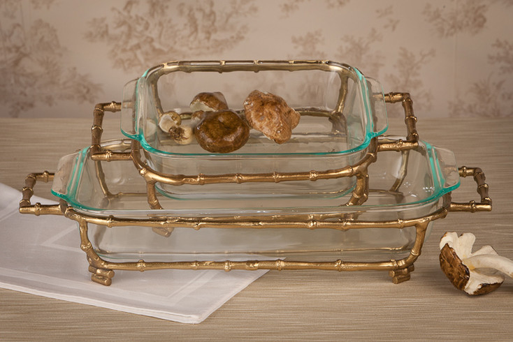 Gold Bamboo Rectangle Pyrex Holder, Set of 2