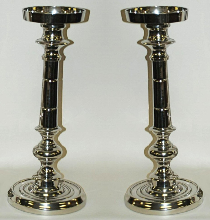 18" Nickel Finish Pillar Candle Holder, Set of 2