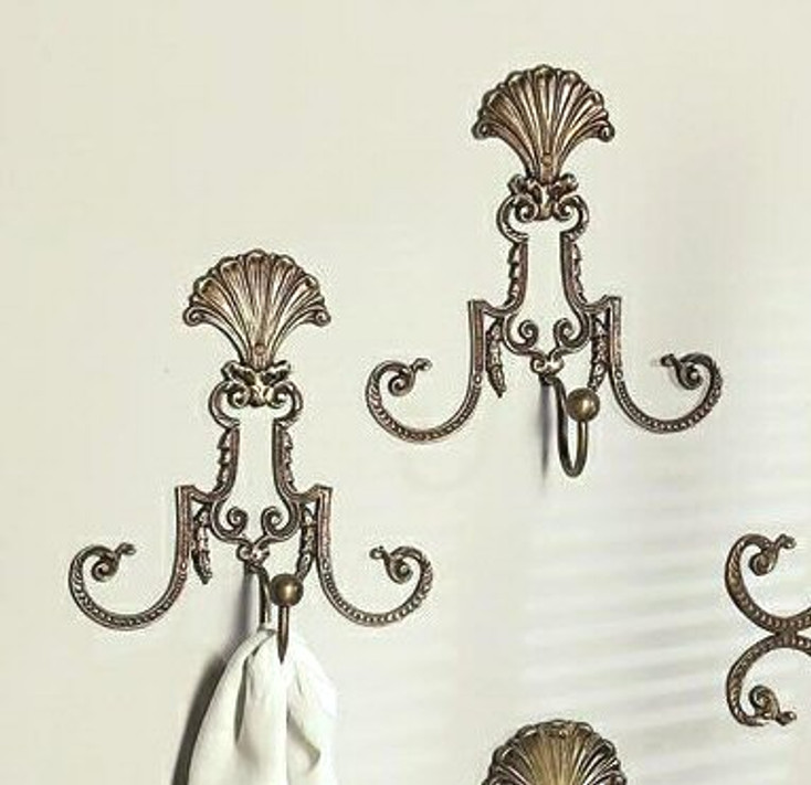 Antique Brass Fan Filigree Wall Hooks, Set of 4