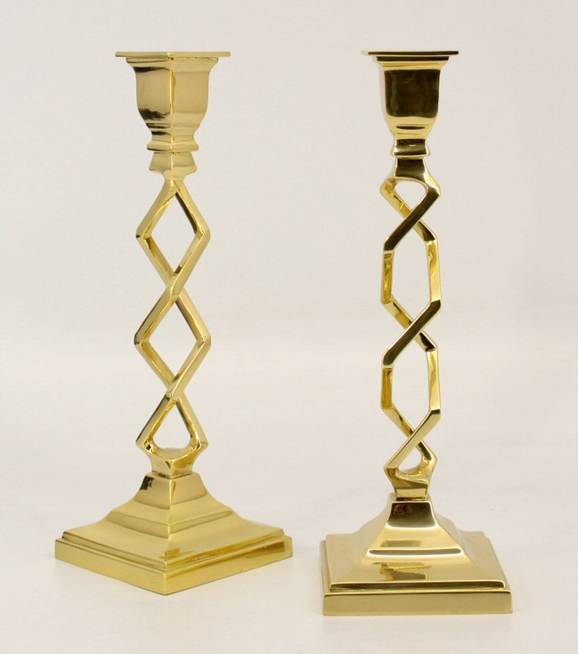 12" Polished Brass Open Work Brass Taper Candle Holder, Set of 2