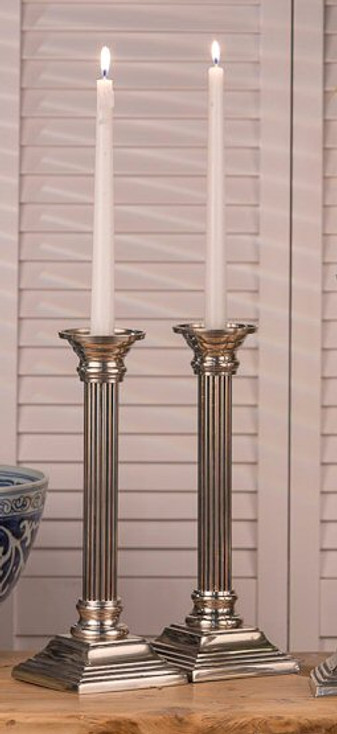 12.25" Pewter Square Base Column Brass Taper Candle Holder, Set of 2