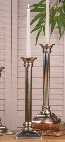 16" Pewter Square Base Column Brass Taper Candle Holder, Set of 2