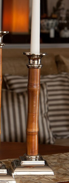 12" Nickel Taper Candle Holders with Bamboo, Set of 4