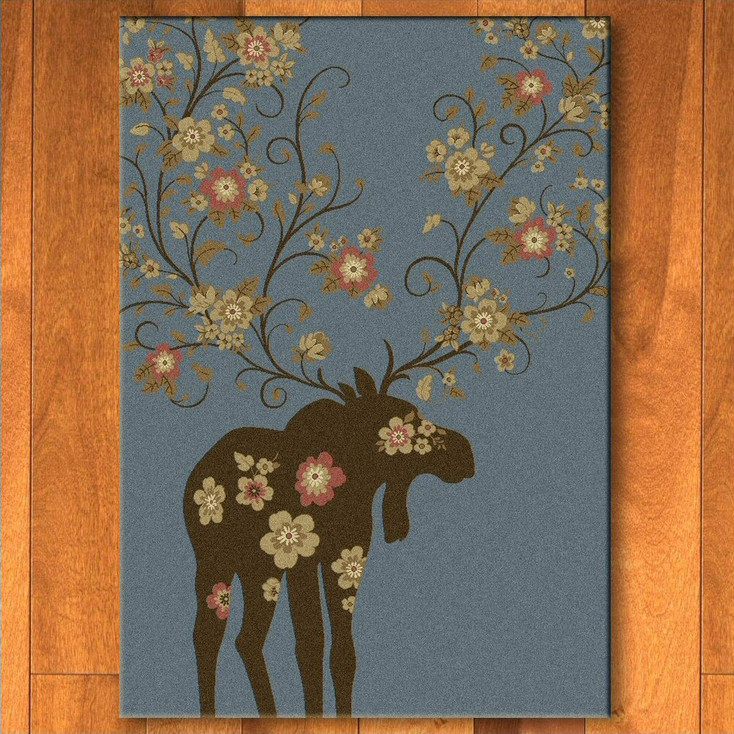 5' x 8' Abstract Moose Blossom Blue Wildlife Rectangle Rug