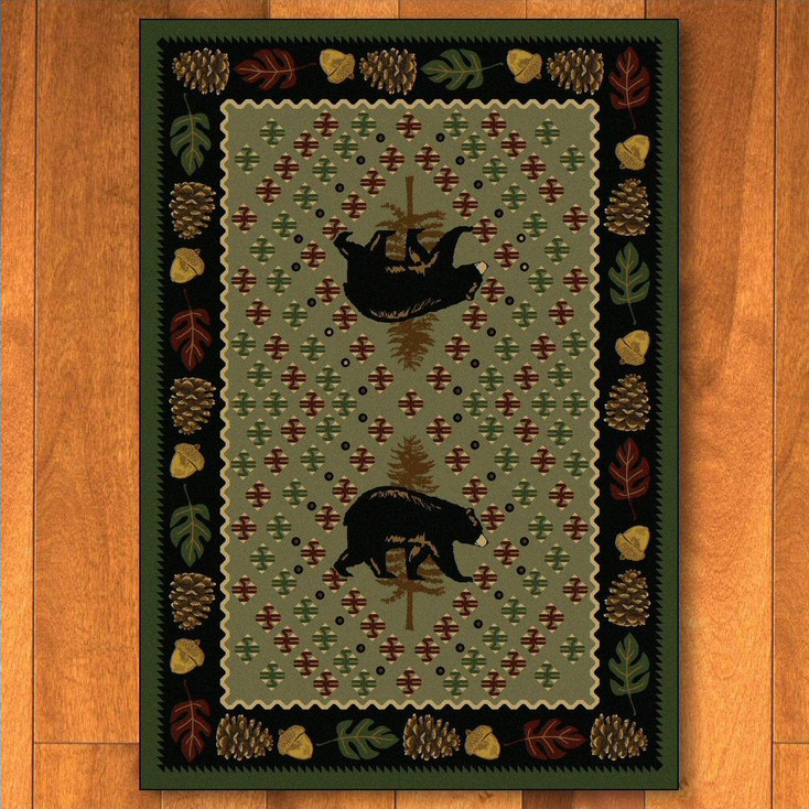 8' x 11' Patchwork Bear and Pinecones Green Wildlife Rectangle Rug