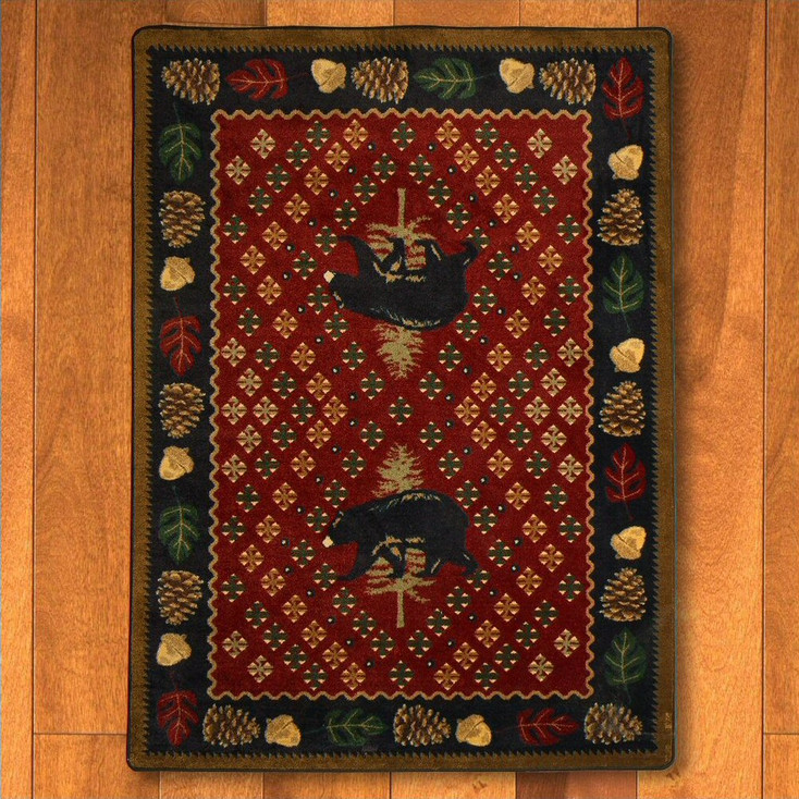 8' x 11' Patchwork Bear and Pinecones Red Wildlife Rectangle Rug