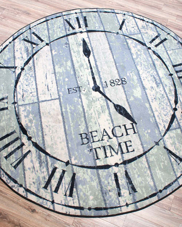 8' Beach Time Distressed Clock Round Rug