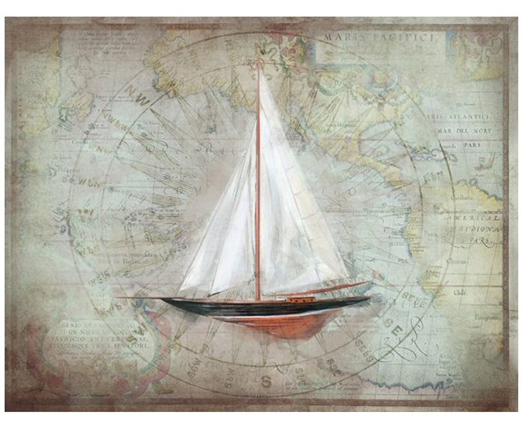 Custom Red Sloop Sailboat with Map Vintage Style Wooden Sign