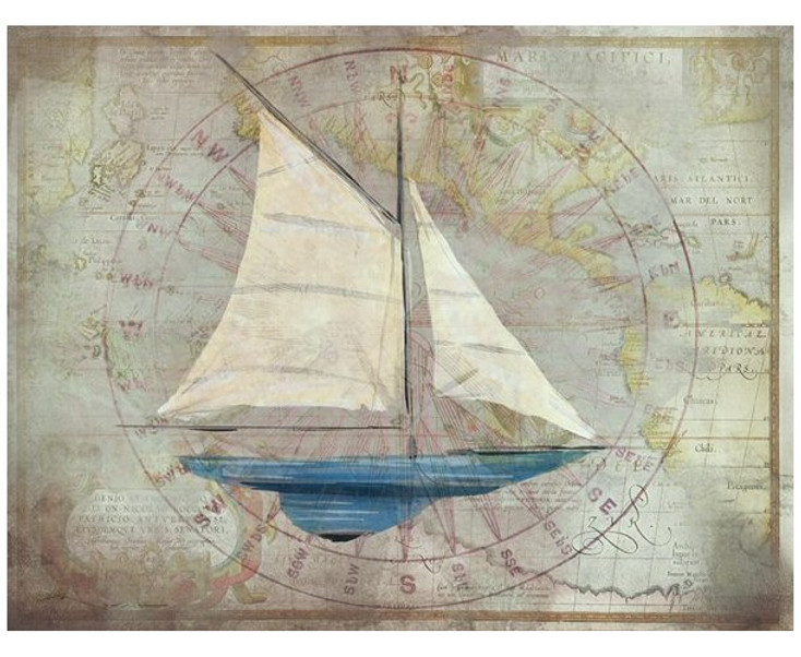 Custom Blue Sloop Sailboat with Map Vintage Style Wooden Sign