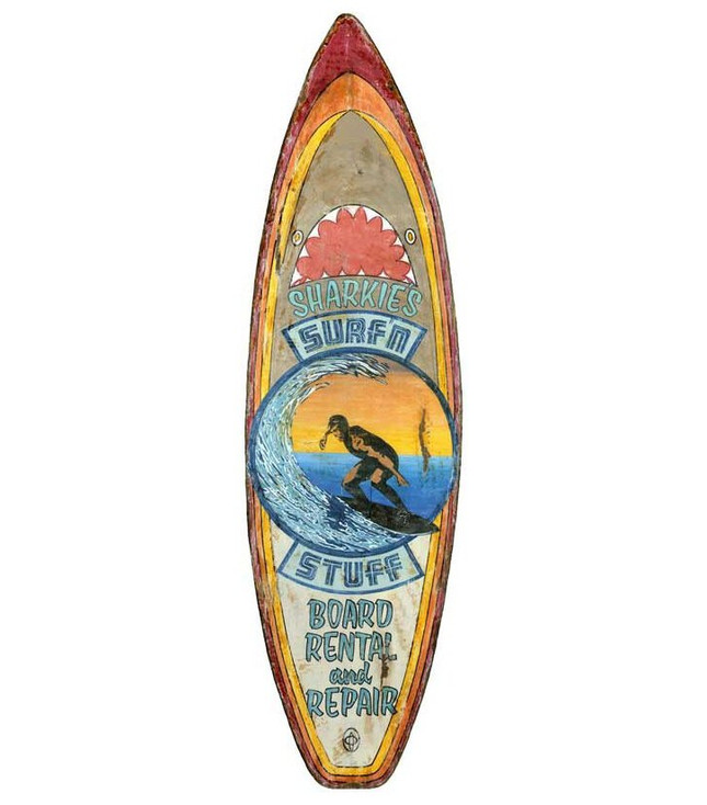 Custom Sharkies Surf n Stuff Surfboard Cutout Vintage Style Wood Sign